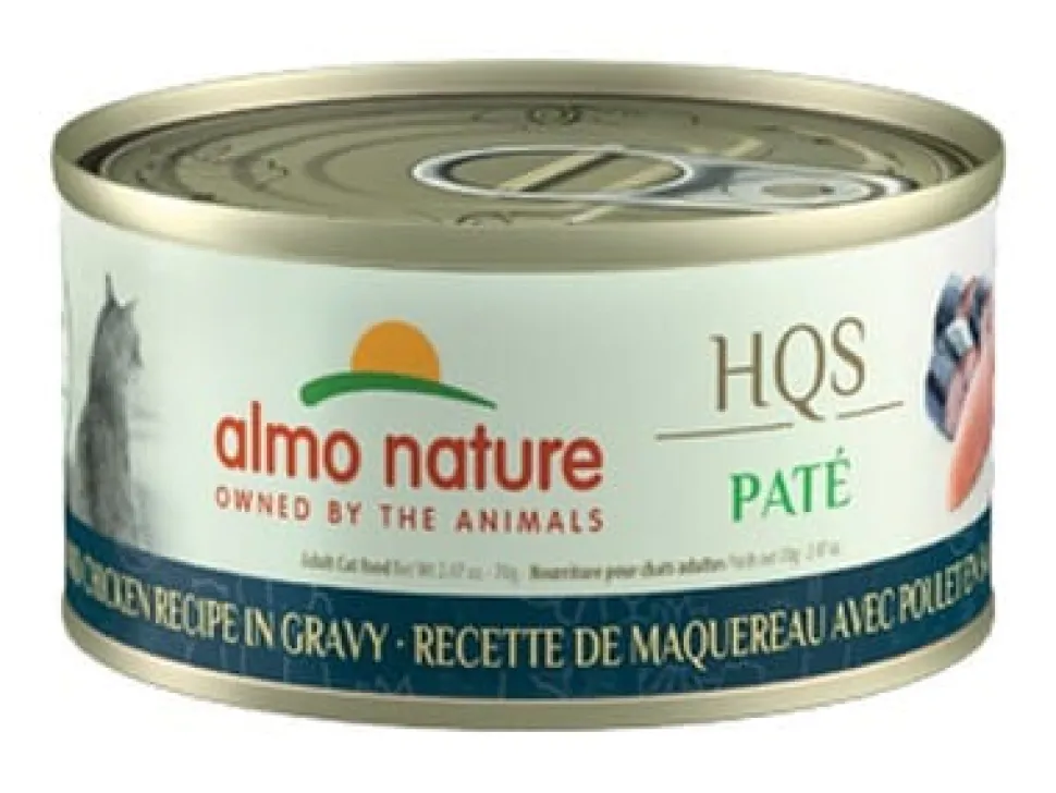 Almo Nature HQS Mackerel & Chicken Recipe in Gravy Grain-Free Pate Wet Canned Cat Food, 2.47-oz can, case of 24