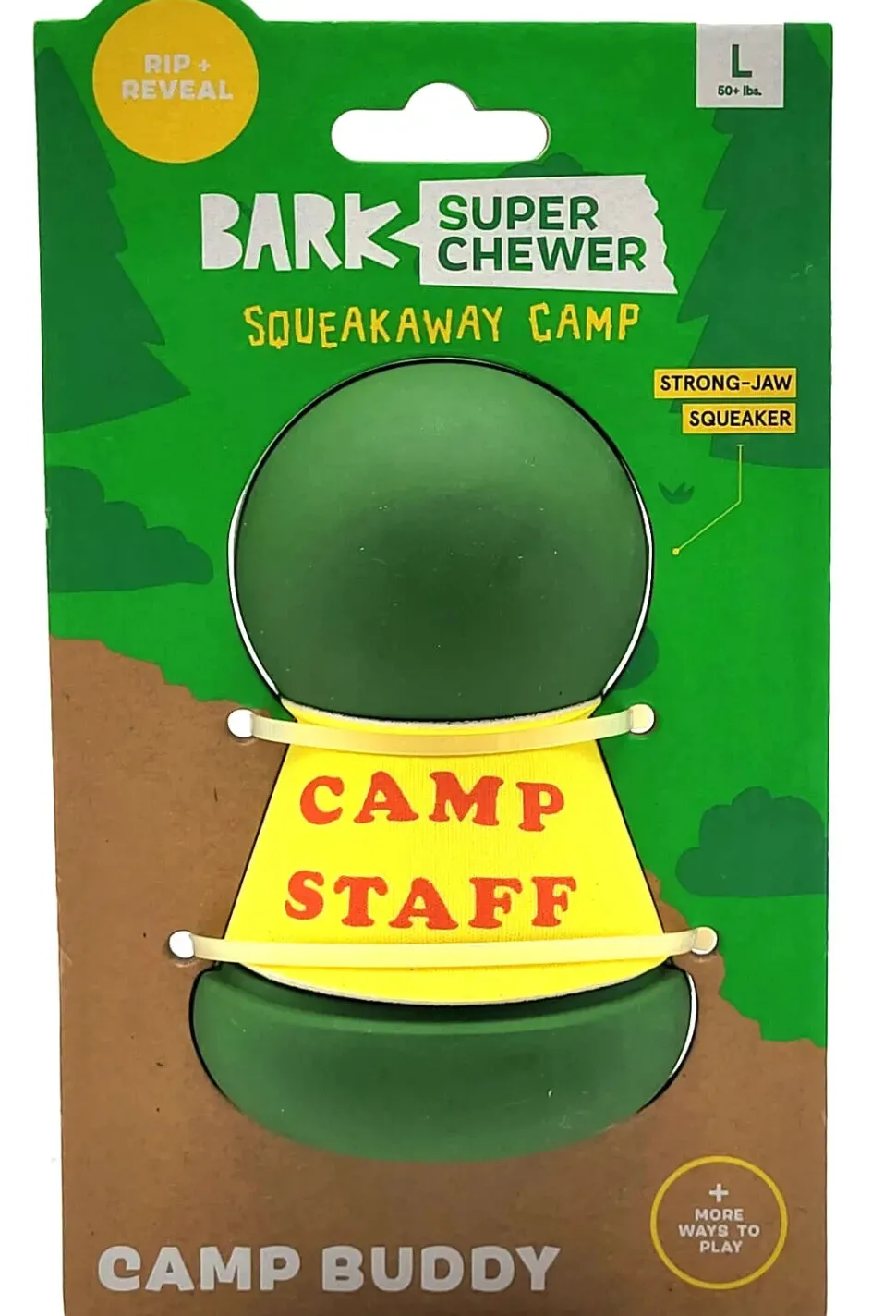 Bark Box Super Chewer Squeak-Away Camp Staff Squeak and Rubber Dog Toy