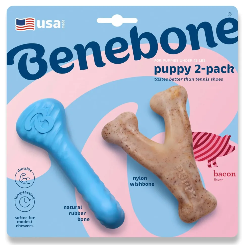 Benebone Made in USA Real Bacon Flavored Wishbone and Rubber Bone Puppy Dog Chew Toy - Tiny - 2 Pack