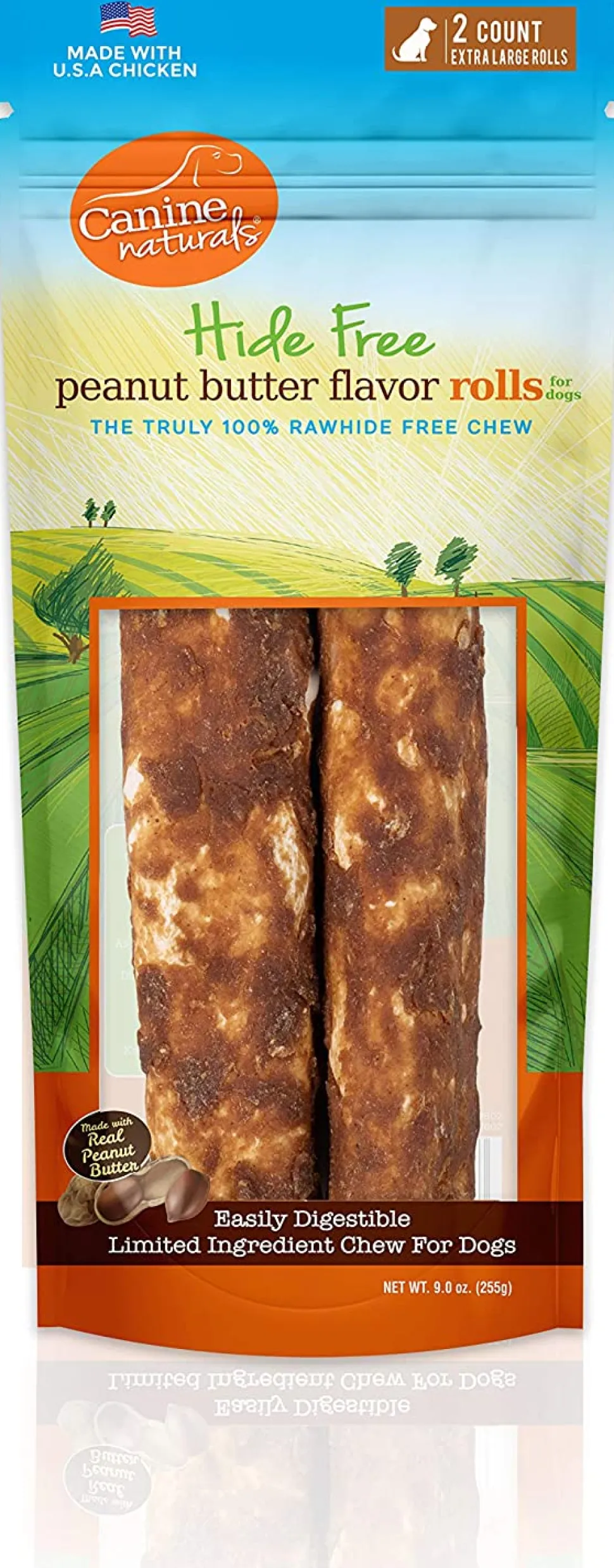 Canine Naturals Hide-Free Peanut Butter Rolls Chewy Dog Treats -10 Inch - 9 oz - 2 Count