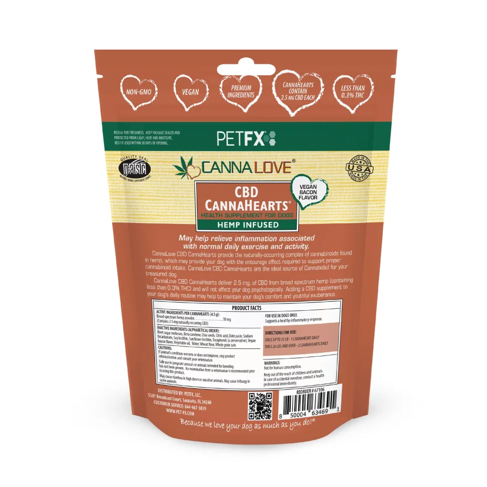 CannaLove CannaHearts CBD Dog Supplement 4.5mg Vegan Bacon - 12 Oz