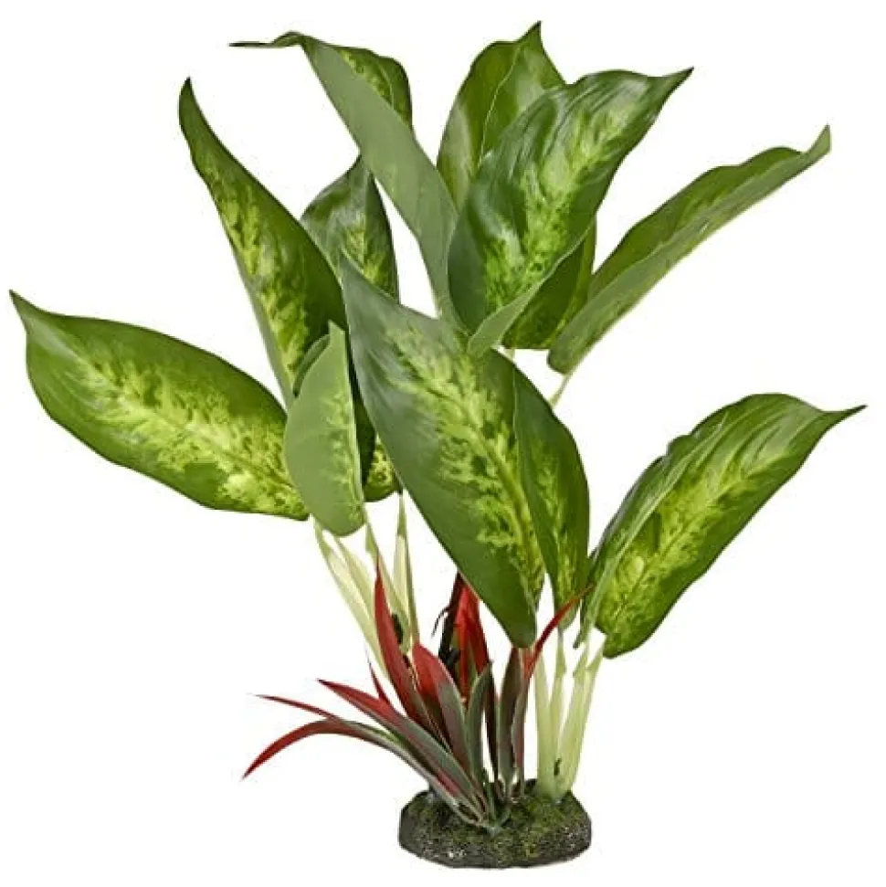 Colorburst Florals Dieffenbachia Variegated Leaf Plastic Aquarium Plant - Green - Medium
