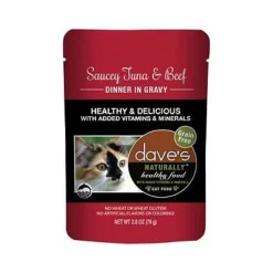Dave's Pet Food Healthy Cat Food Pouch Saucey Tuna & Beef Dinner in Gravy - 2.8 oz Cans - Case of 24