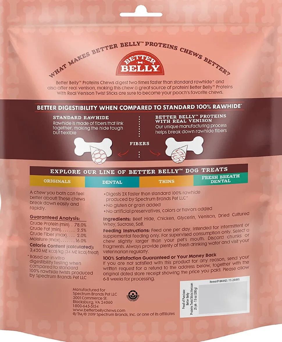 Dingo Better Belly Protein Twists Natural Dog Chews - Venison - 25 Pack