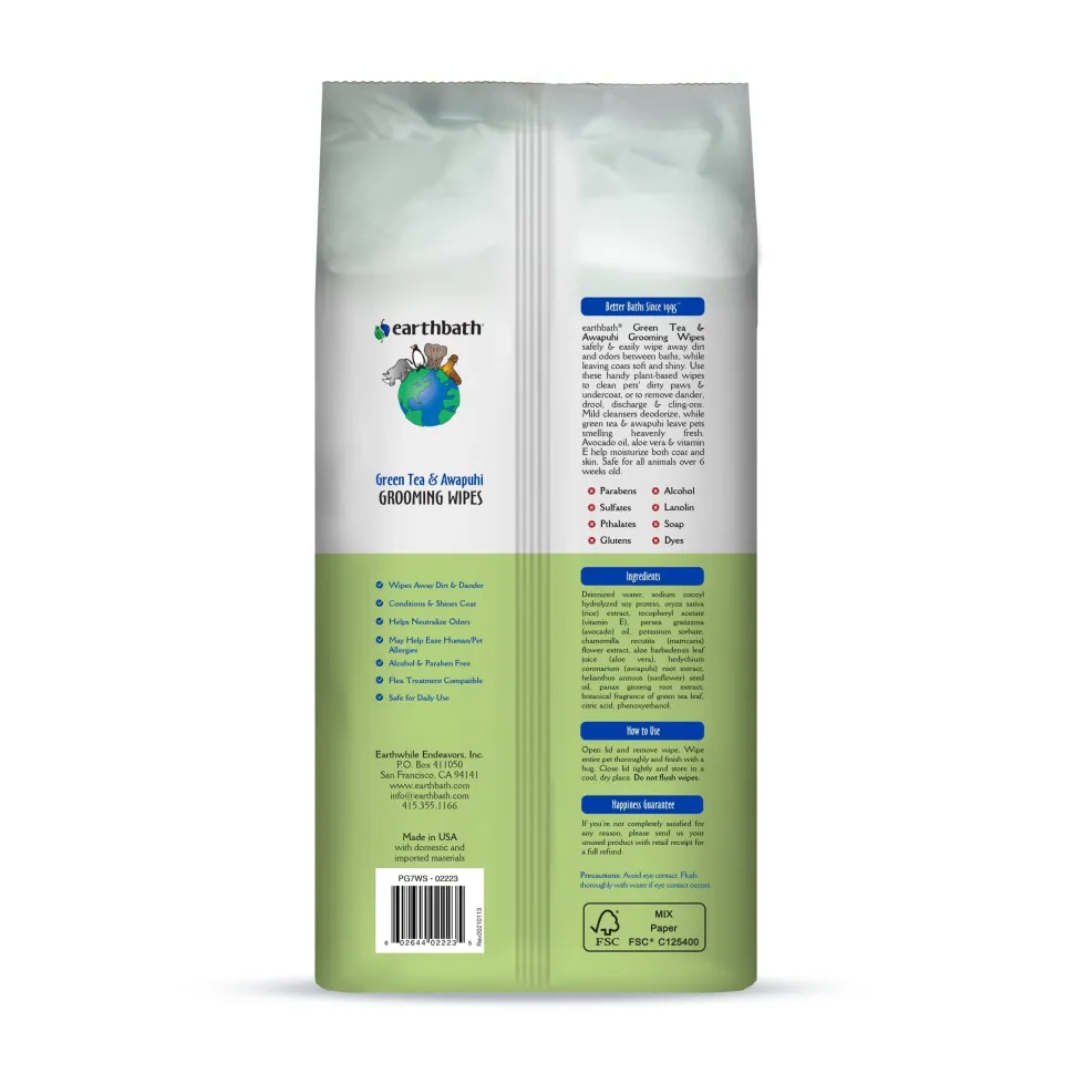 Earthbath Green Tea and Awapuhi Cat and Dog Wipes - 100 Count