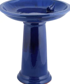 Esschert Design Ceramic Bird Bath On Pedestal with Bird - Blue - 2 Pack