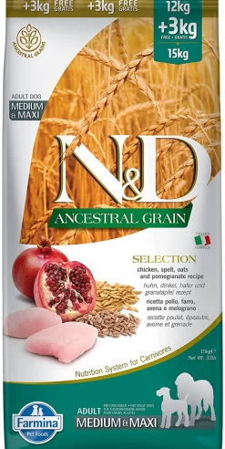 Farmina Ancestral Grain Chicken & Pomegranate Adult Medium and Maxi BONUS BAG Dry Dog Food - 33 lb Bag