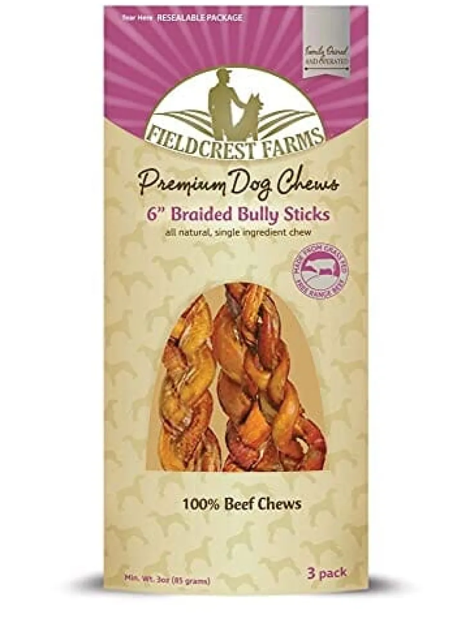 Fieldcrest Farms Braided Bully Sticks and Natural Chews - Beef - 6 In - 2 Pack