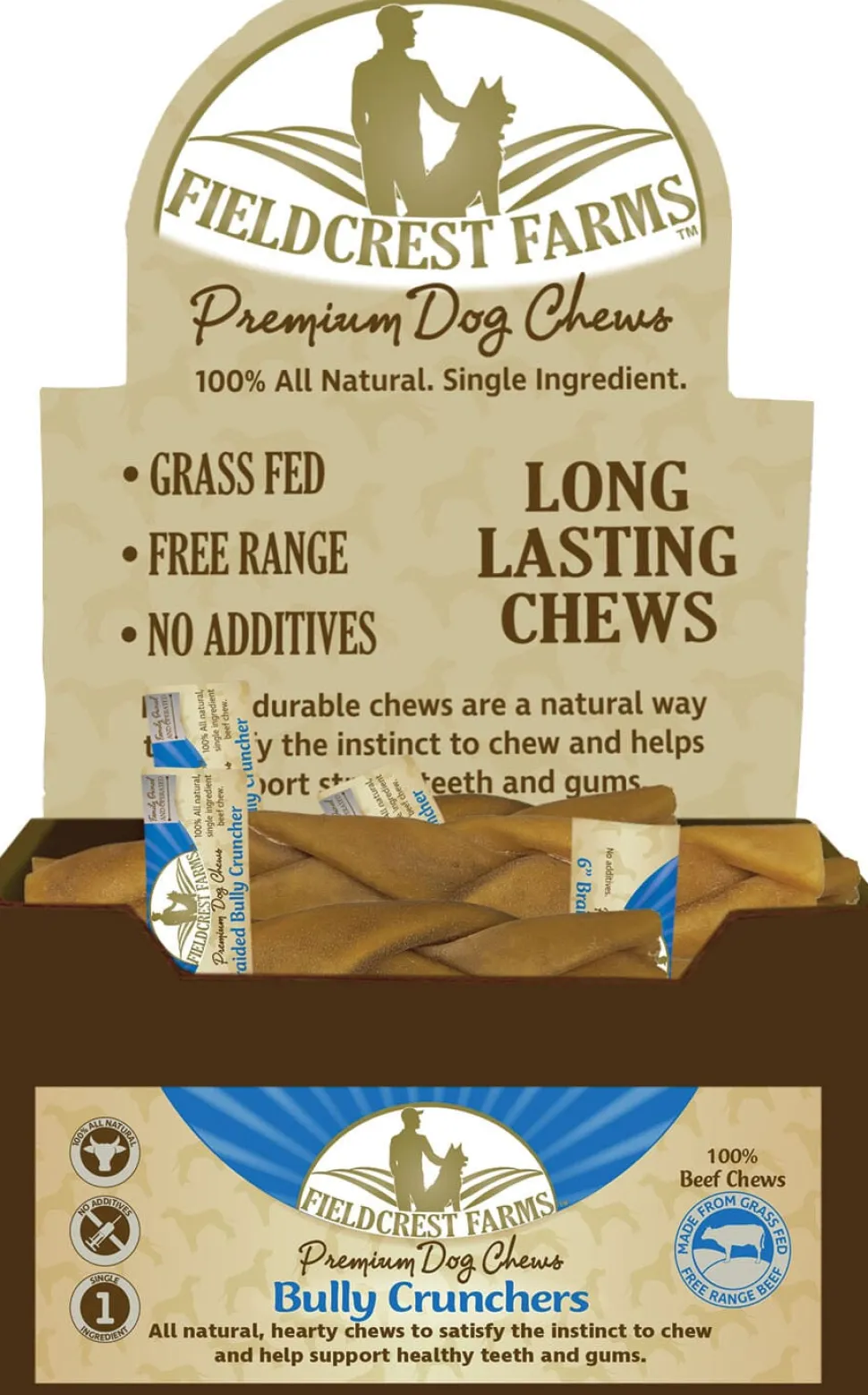 Fieldcrest Farms Bully Crunchers Braid Beef Dog Bully Sticks and Natural Chews - Beef - 6 In - 20 Pack