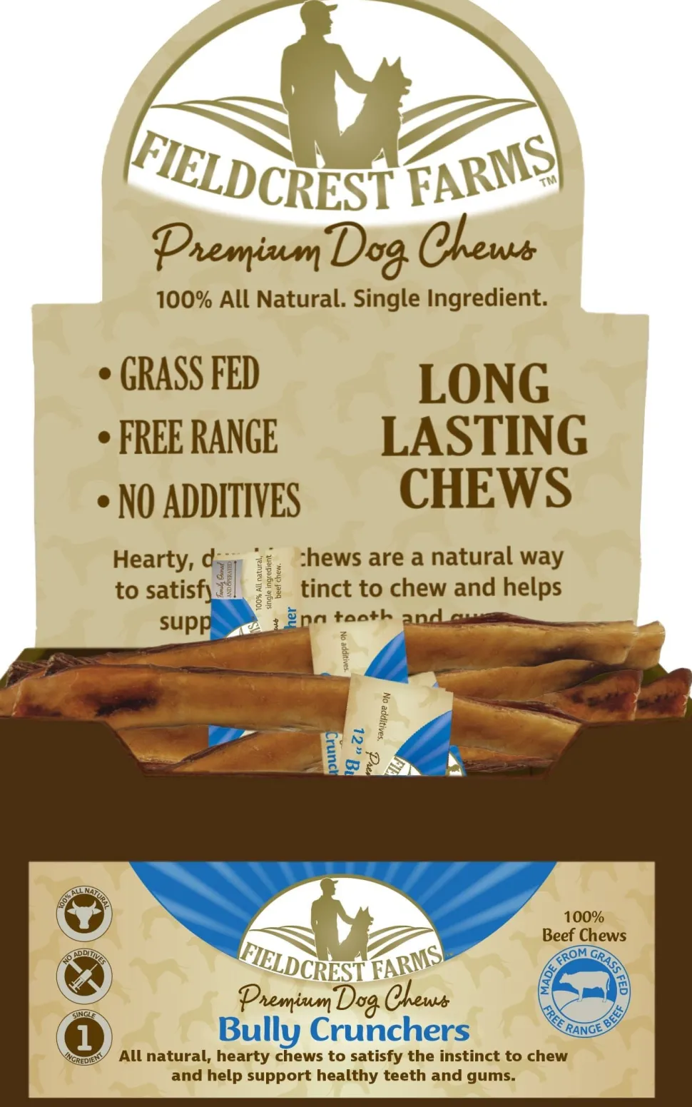 Fieldcrest Farms Bully Crunchers Beef Chews Dog Bully Sticks and Natural Chews - Beef - 6 In - 30 Pack