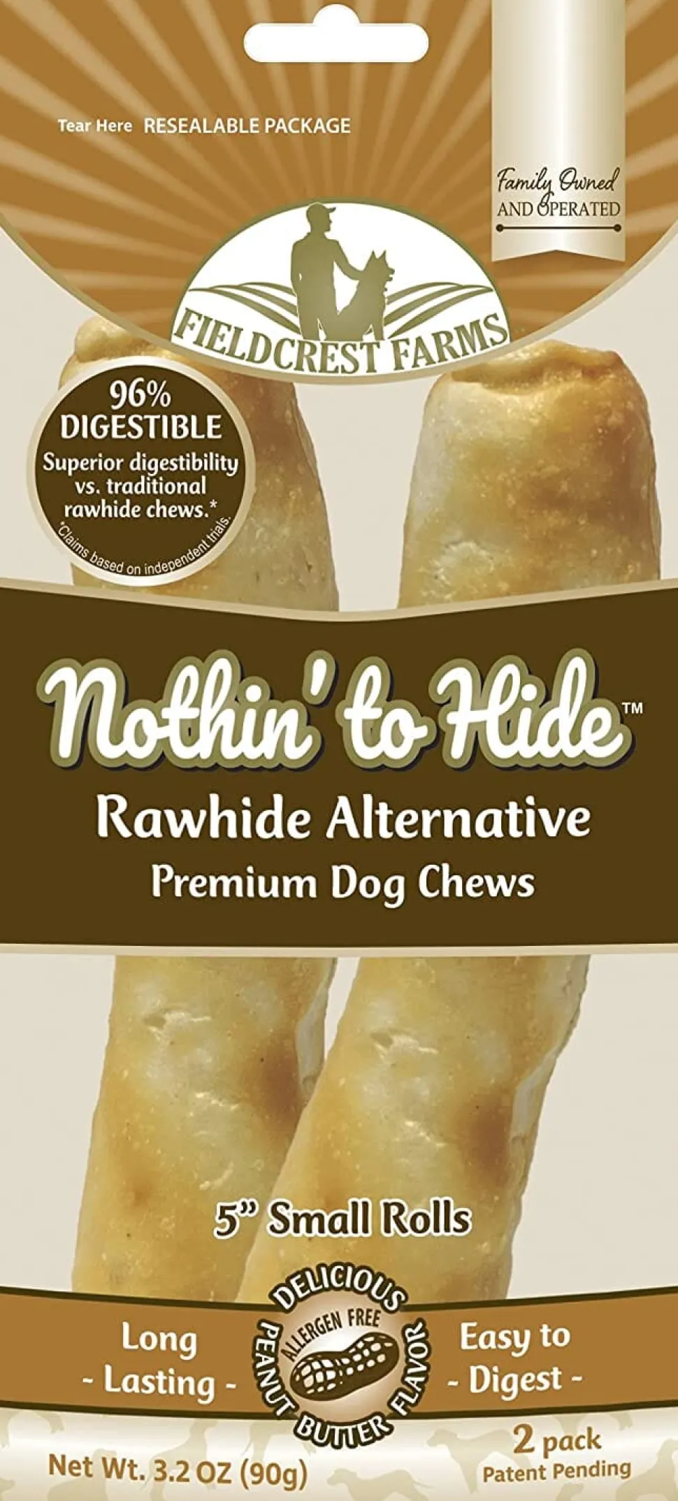 Fieldcrest Farms Nothin' To Hide Rawhide Alternative Rolls Natural Dog Chews - Peanut Butter - 5 In - 2 Pack