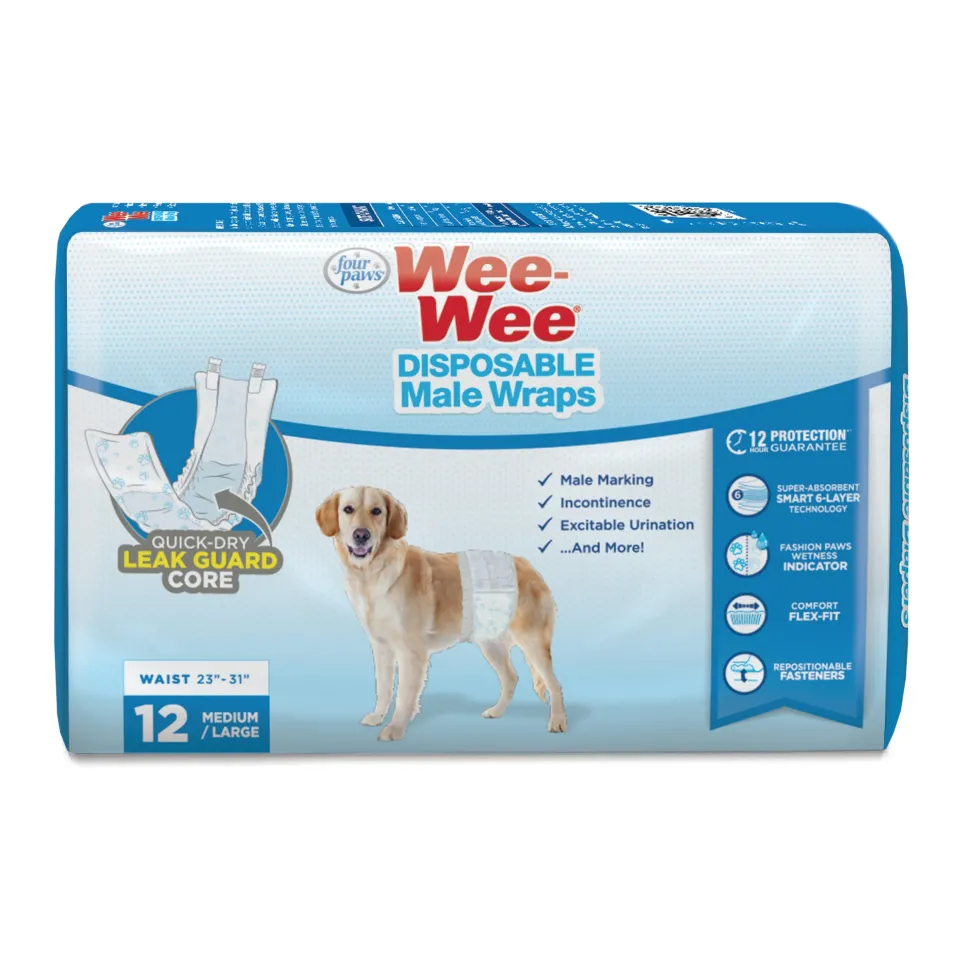 Four Paws Wee-Wee Disposable Male Dog Wraps 12 Count - Medium / Large