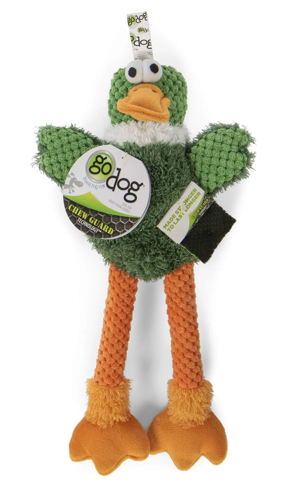 GoDog Checkers Sitting Duck Squeak and Plush Dog Toy with Chew-Guard Tech - Green - Mini