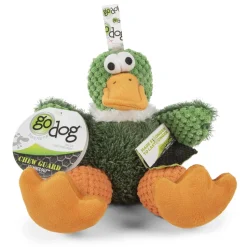 GoDog Checkers Sitting Duck Squeak and Plush Dog Toy with Chew-Guard Tech - Green - Small