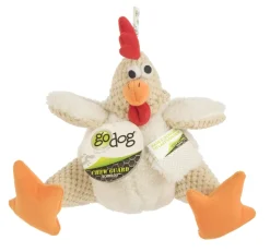 GoDog Checkers Sitting Rooster Squeak and Plush Dog Toy with Chew-Guard Tech - White - Large