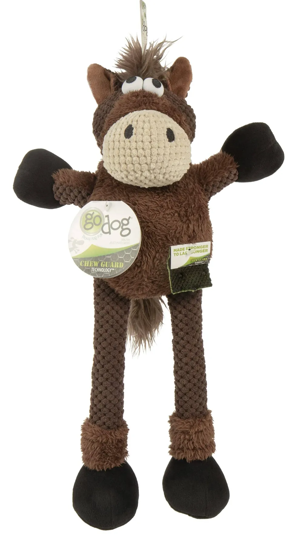 GoDog Checkers Skinny Horse Plush Dog Toy with Chew-Guard Tech - Brown - Mini