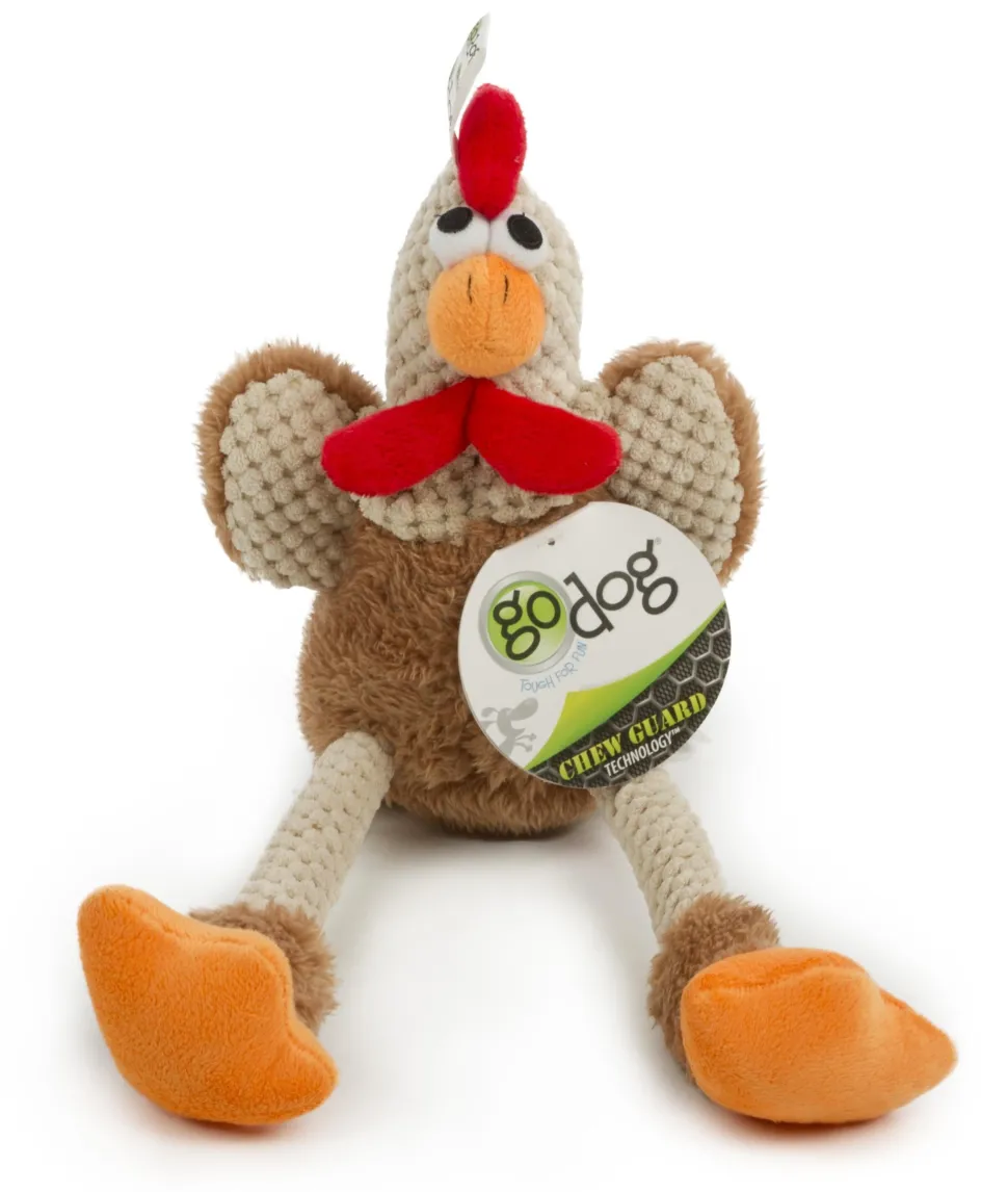 GoDog Checkers Skinny Rooster Corduroy Squeak and Plush Dog Toy with Chew-Guard Tech - Brown - Mini