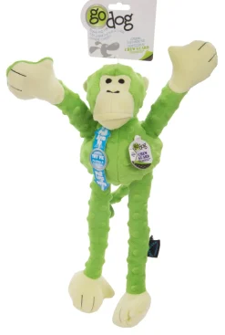 GoDog Crazy Tugs Monket Squeak and Plush Dog Toy with Chew-Guard Tech - Green - Large