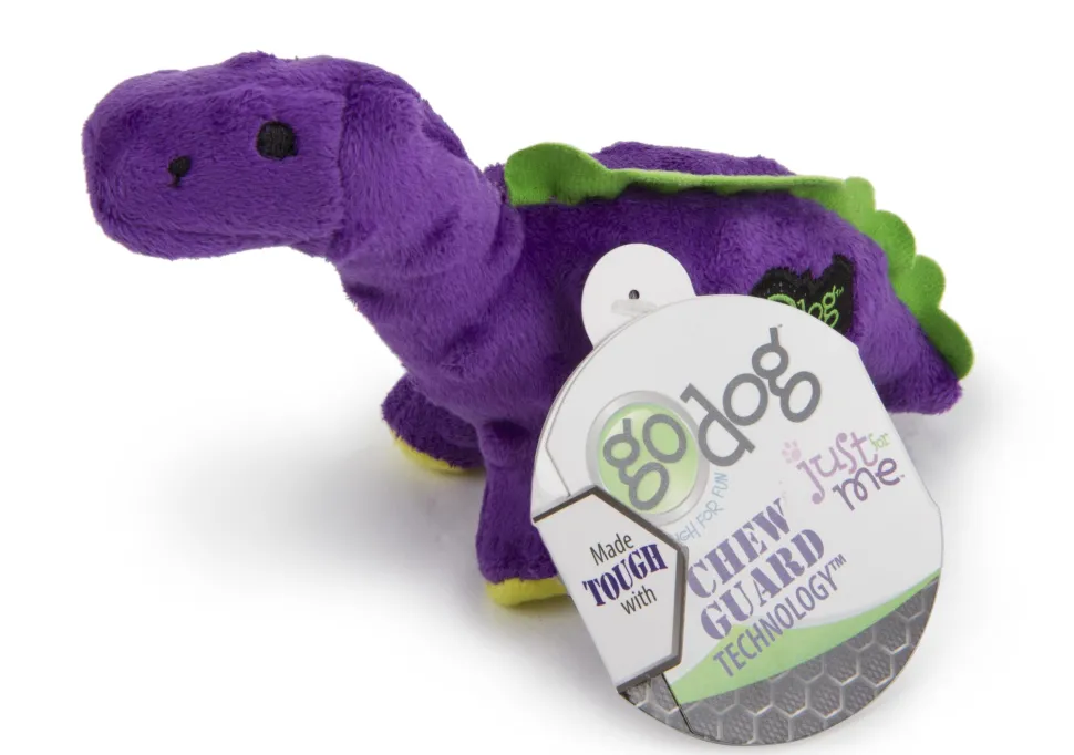 GoDog Dino Bruto Squeak and Plush Dog Toy with Chew-Guard Tech - Purple - Extra Small