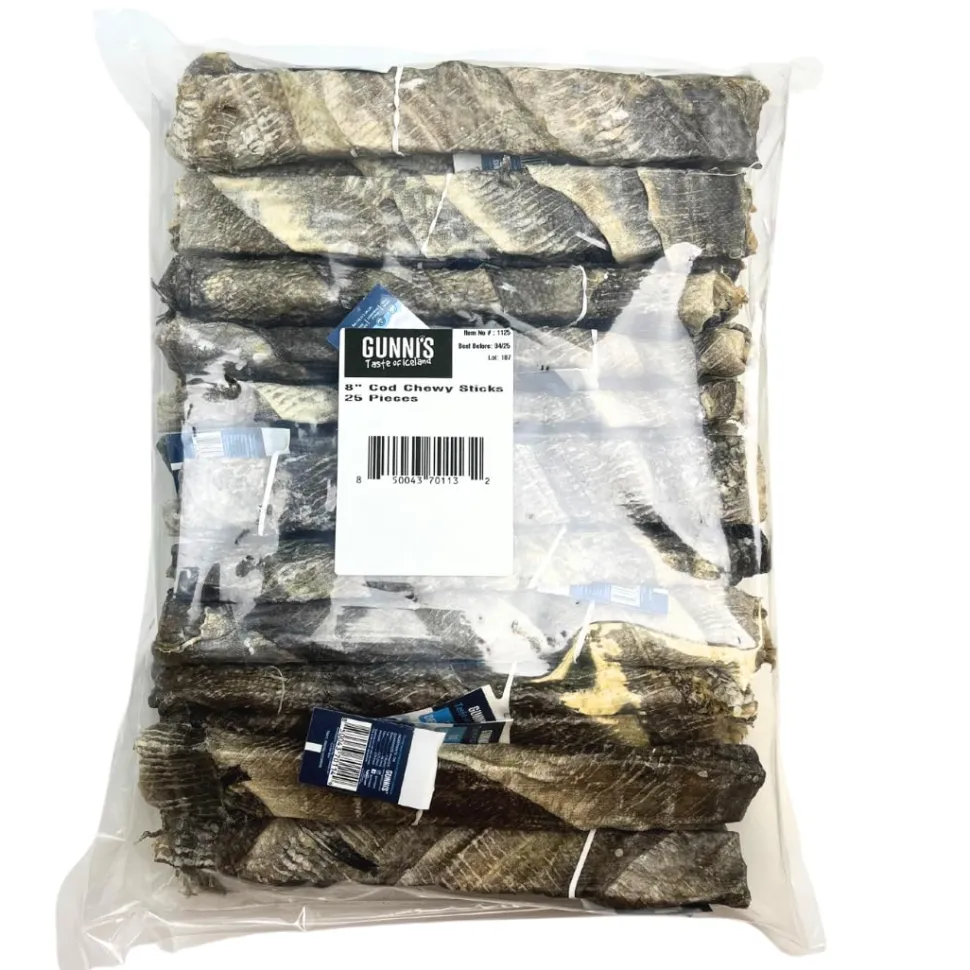 Gunnis Pet Grain-Free Cod Skin Chewy Sticks Natural Air-Dried Dog Treats - 8 Inch - 25 Count