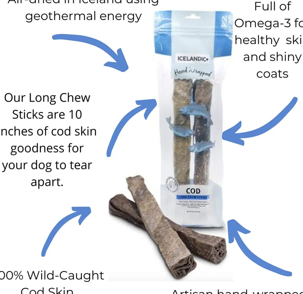 Icelandic+ 2pc/10" Cod Skin Chew Stick Natural Dehydrated Cat and Dog Treats - 5 oz