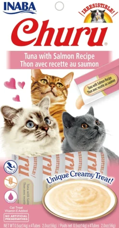Inaba Churu Puree Cat Treats - Tuna and Salmon - .5 Oz - 4 Pack - Case of 6