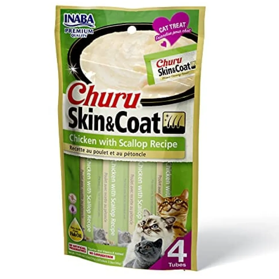 Inaba Churu Puree Skin & Coat Cat Treats - Chicken and Scallop - .5 Oz - 4 Pack - Case of 6