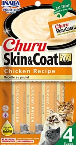 Inaba Churu Puree Skin & Coat Cat Treats - Chicken - .5 Oz - 4 Pack - Case of 6