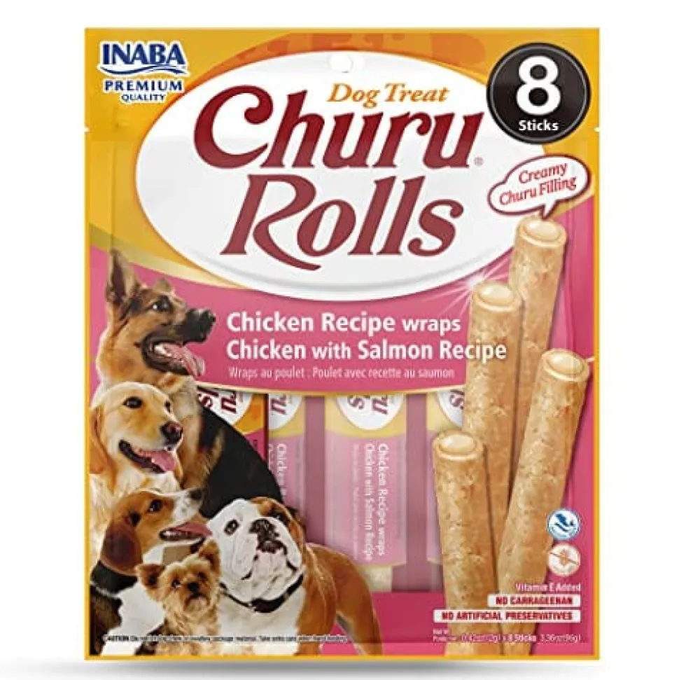 Inaba Churu Rolls Soft and Chewy Dog Treats - Chicken and Salmon - .42 Oz - 8 Pack - 6 Pack