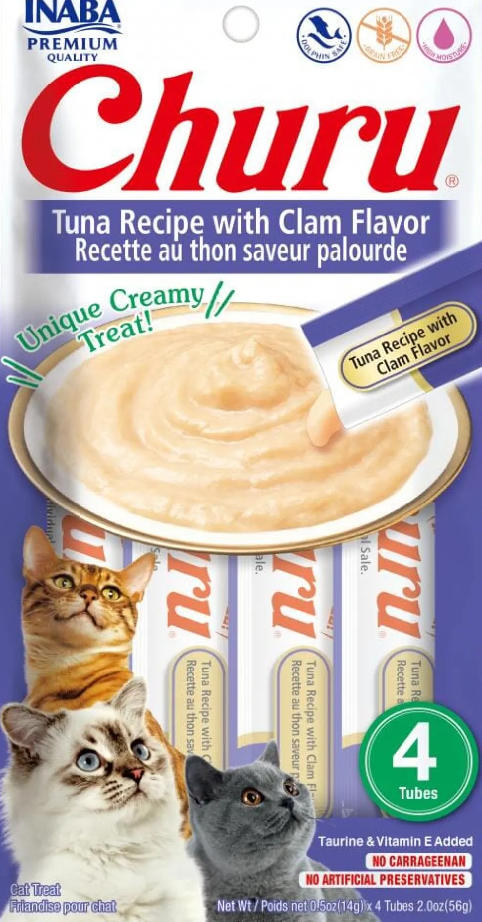 Inaba Churu Tuna and Clams Lickable and Squeezable Puree Cat Treat Pouches - 2 Oz (4 Pack) - Case of 6
