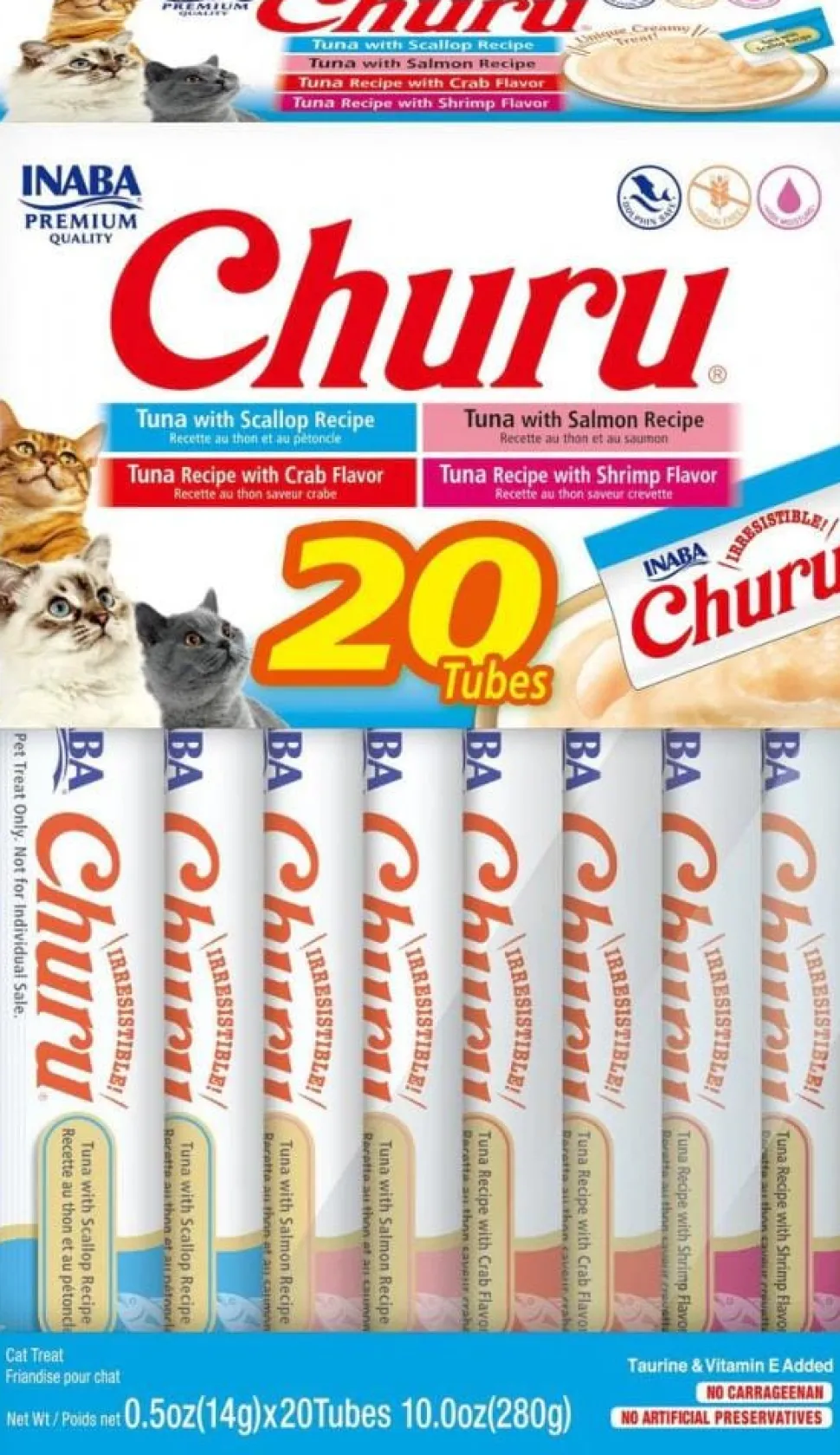 Inaba Churu Tuna and Seafood Lickable and Squeezable Puree Cat Treat Pouches - Variety Pack - .5 Oz - Case of 20