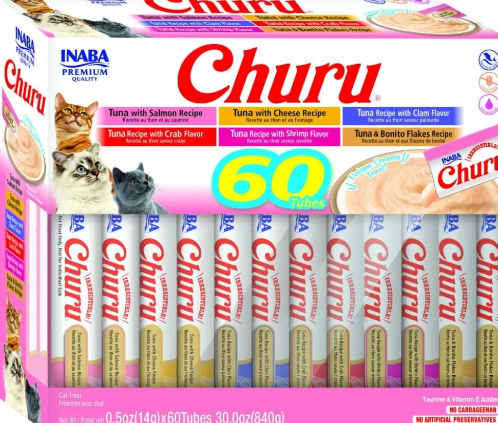 Inaba Churu Tuna Lickable and Squeezable Puree Cat Treat Pouches - Variety Pack - .5 Oz - Case of 60