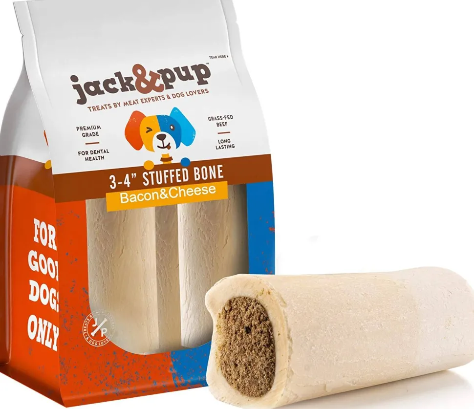 Jack & Pup 3" - 4" White Bone Filled with Bacon & Cheese Dog Natural Chews - 2 pc Bag