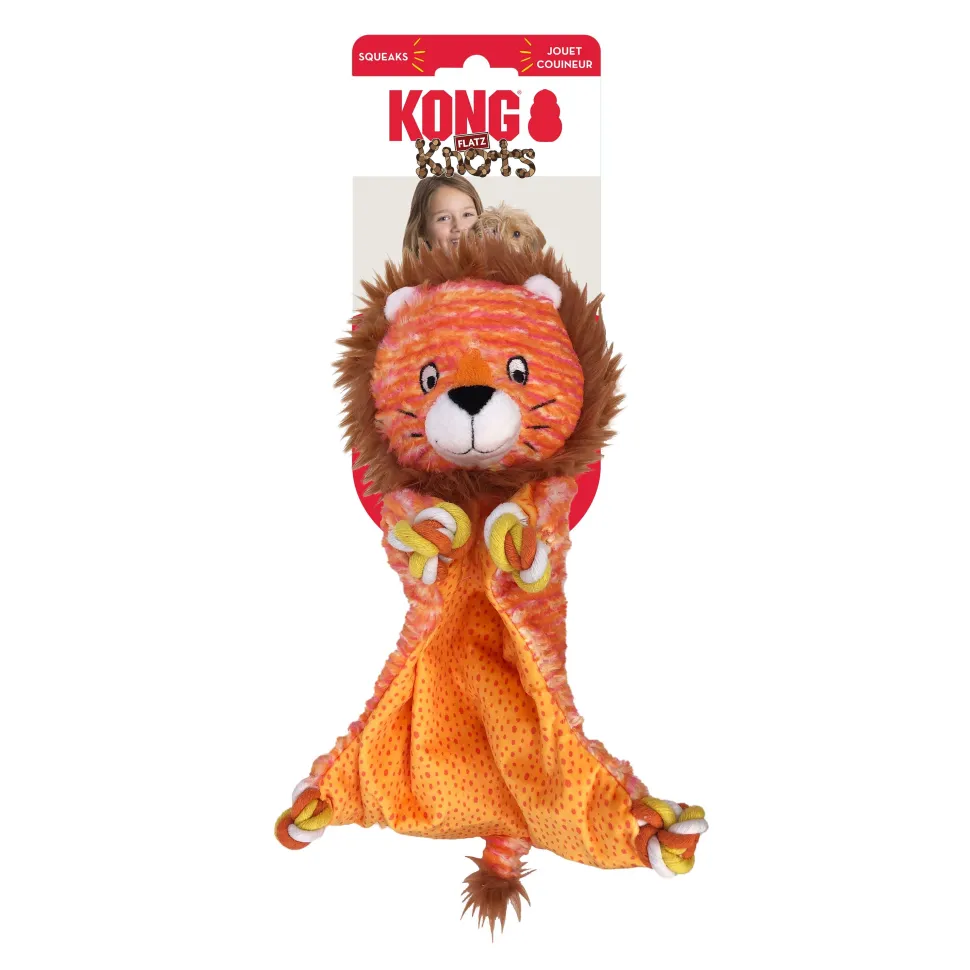 Kong Floppy Knotz Flatz Lion Internal Knotted Squeak Dog Toy - Yellow - Small/Medium