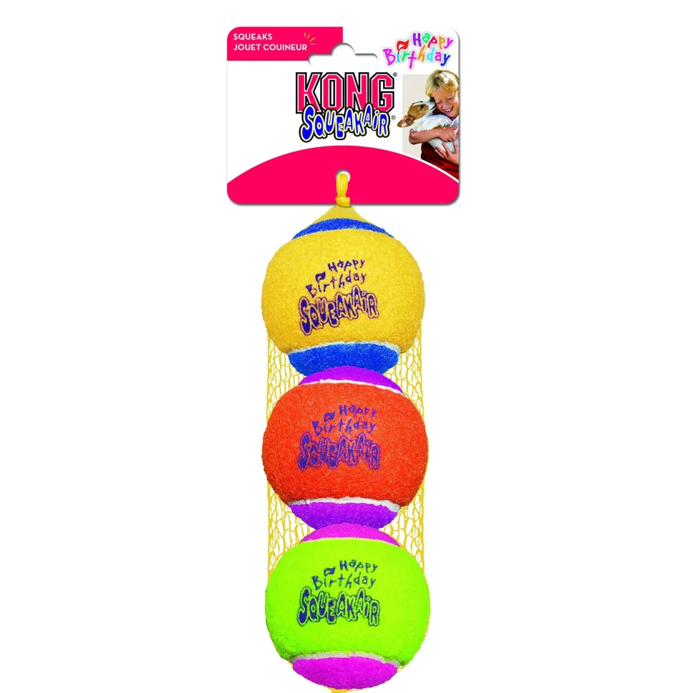 Kong SqueakAir Multi-Colored Birthday Squeaker Tennis Ball Flet Dog Toys - 3 Pack - Medium