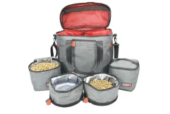 Kong Travel Bag with Travel Pet Food Storage and Pet Bowls - Gray/Red - 5 Piece Set