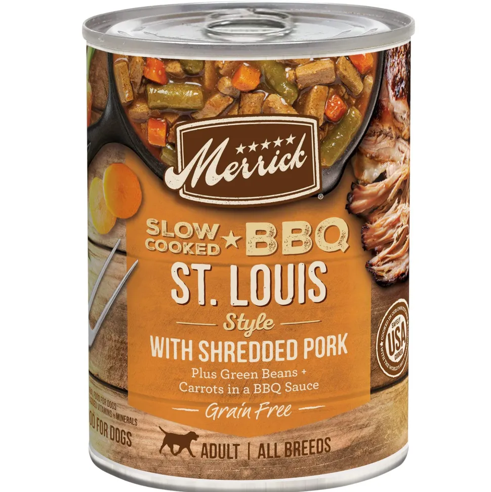 Merrick Grain-Free Slow Cooked BBQ St. Louis Style with Shredded Pork Canned Wet Dog Food - 12.7 oz Cans - Case of 12