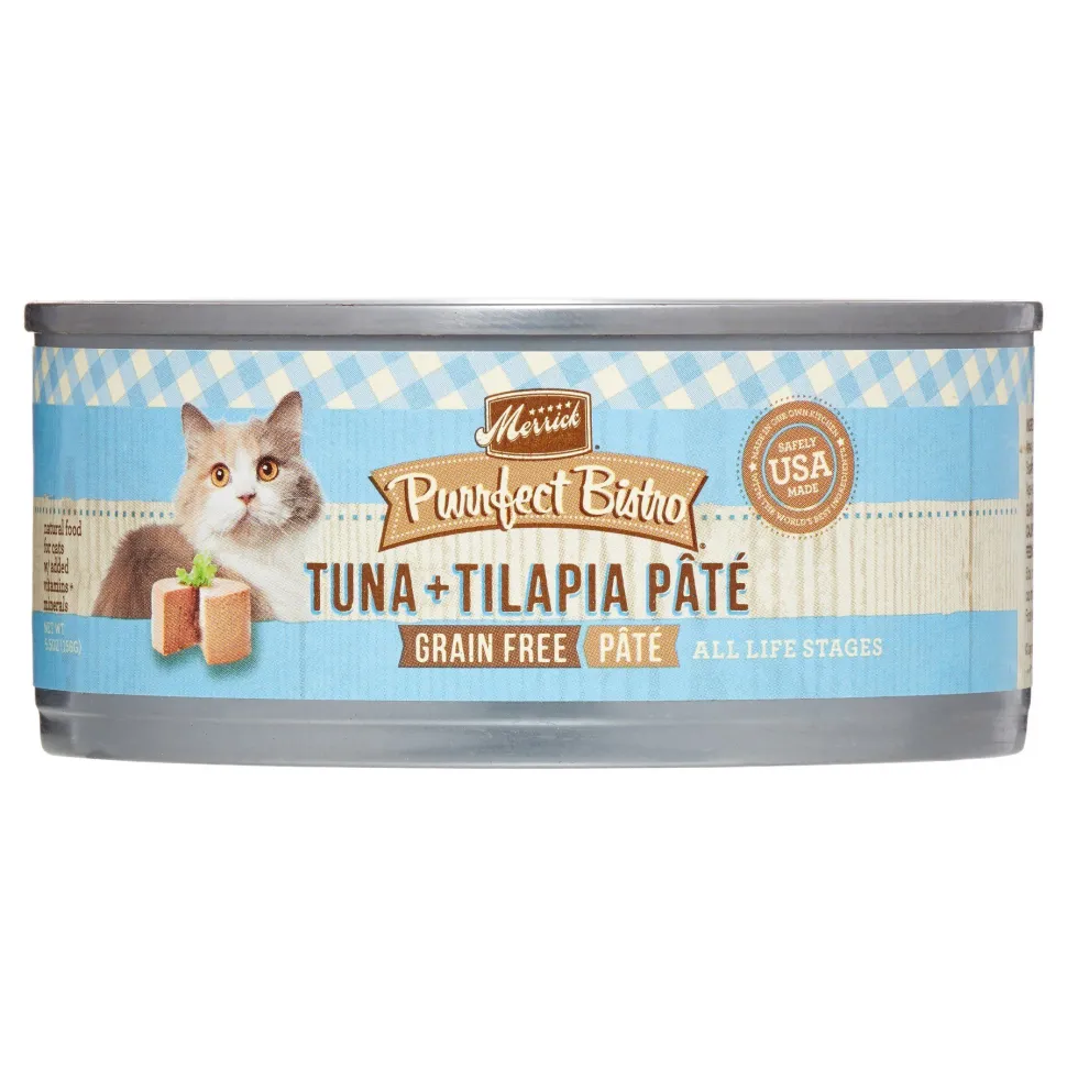 Merrick Purrfect Bistro Grain Free Tuna & Tilapia Pate Canned Cat Food - 5.5 oz Cans - Case of 24