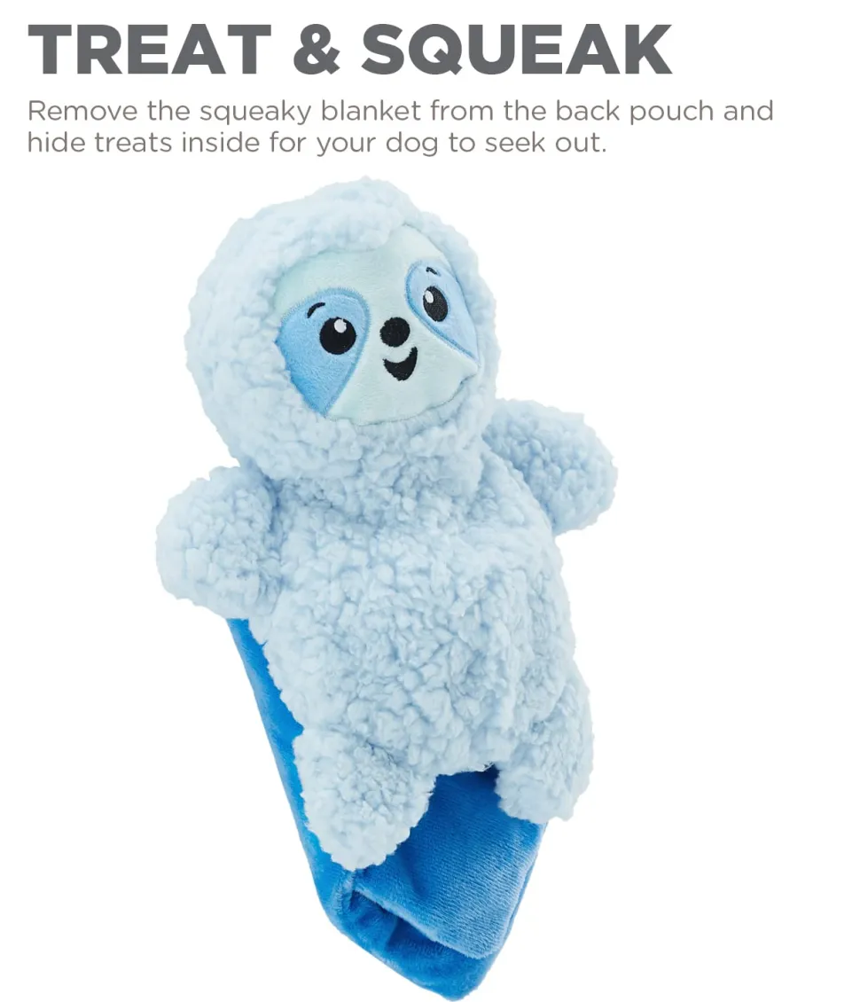 Outward Hound Blanket Buddies Sloth Treat Hiding and Squeak Plush Dog Toy - Blue