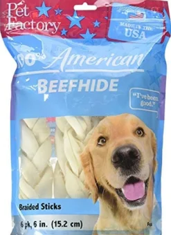 Pet Factory 100% Made In USA Beefhide Braids Natural Dog Chews - Natural - 6 In - 6 Pack