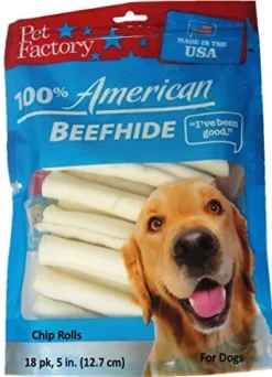 Pet Factory 100% Made In USA Beefhide Chip Rolls Natural Dog Chews - Natural - 5 In - 18 Pack