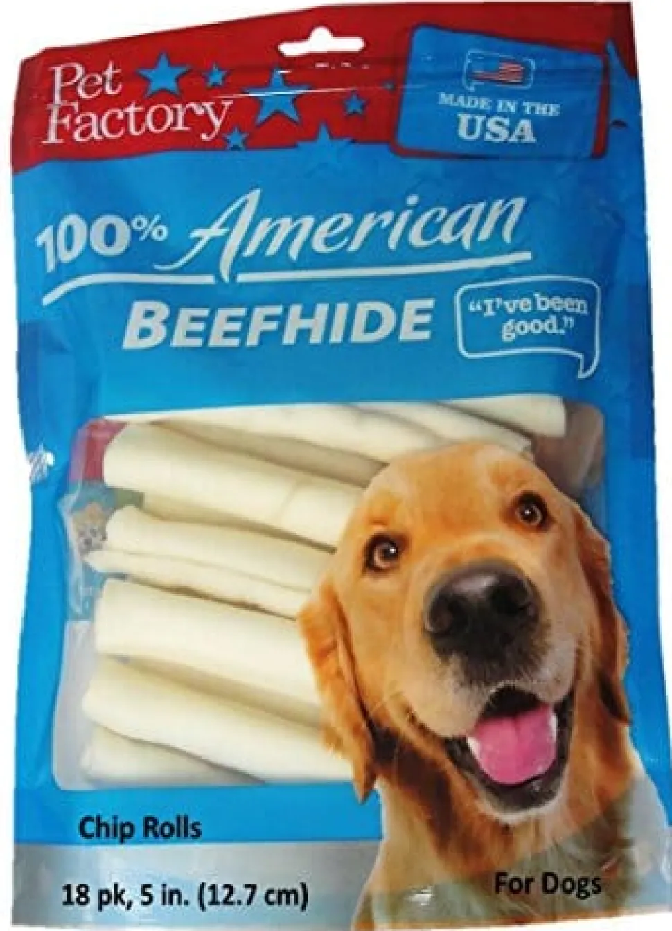 Pet Factory 100% Made In USA Beefhide Chip Rolls Natural Dog Chews - Natural - 5 In - 18 Pack