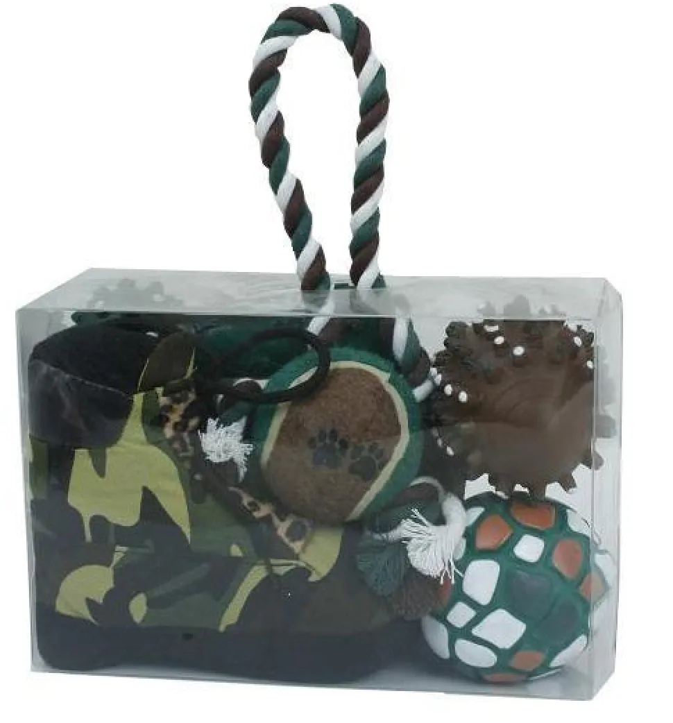 Pet Life ® 'Hunter Themed' 8 Piece Jute Rope and Rubberized Squeak Chew Pet Dog Toy Gift Set