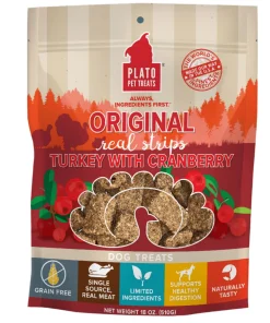 Plato Pet Treats Grain-Free Original Real Strips Turkey & Cranberry Soft and Chewy Dog Treats - 18 oz Bag