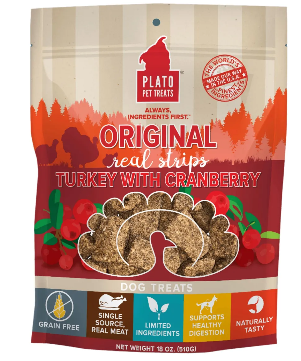 Plato Pet Treats Grain-Free Original Real Strips Turkey & Cranberry Soft and Chewy Dog Treats - 18 oz Bag