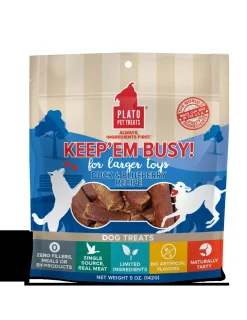 Plato Pet Treats Keep 'em Busy Duck & Blueberry Treats for Large Toys Dehydrated Dog Treats - 5oz Bag