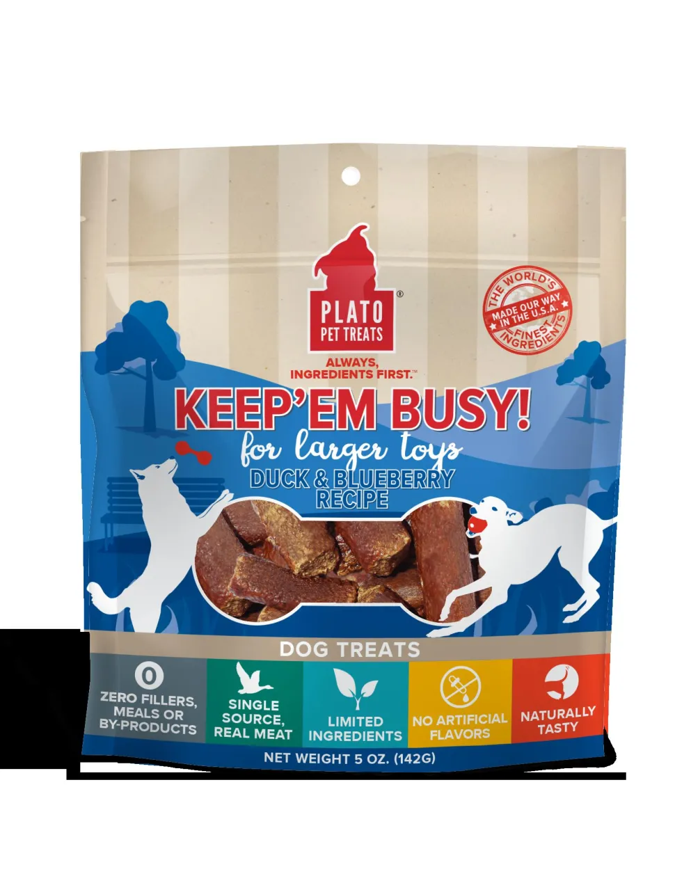 Plato Pet Treats Keep 'em Busy Duck & Blueberry Treats for Large Toys Dehydrated Dog Treats - 5oz Bag