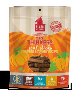 Plato Pet Treats Mini Thinkers Pumpkin & Turkey Natural Dog Chews - 6 oz Bag