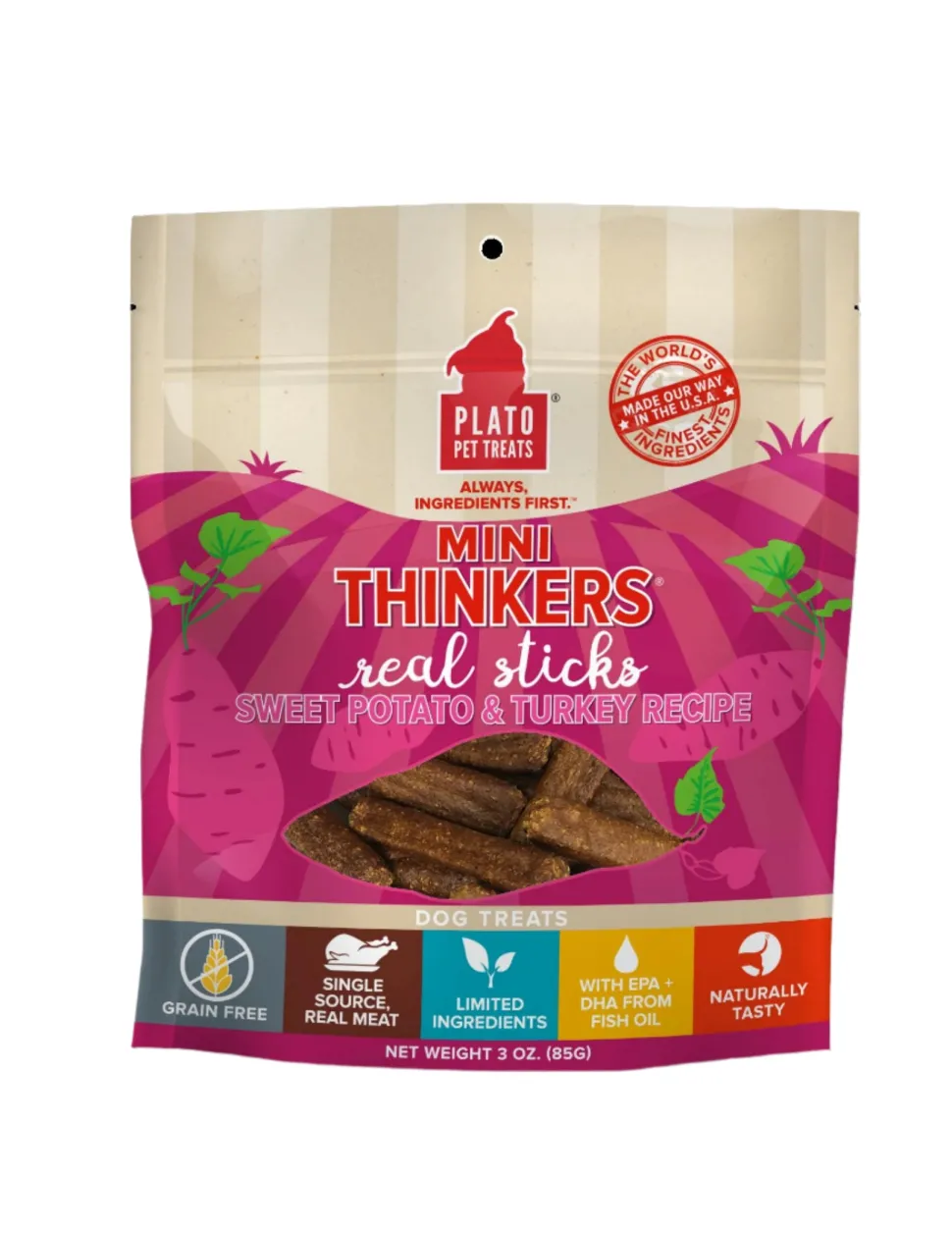 Plato Pet Treats Mini Thinkers Sweet Potato & Turkey Natural Dog Chews - 3 oz Bag