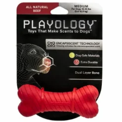 Playology Beef Scented Dual Layered Bone Rubber Dog Toy with Encapsiscent Technology - Red - Medium